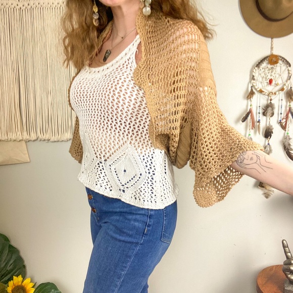 Crochet Knit Round Cropped Boho Sweater Cardigan Size Large - Picture 13 of 14